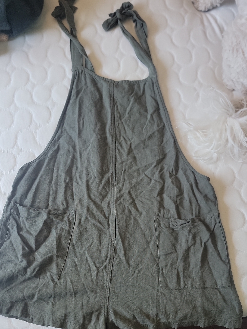 Olive Green Tie-Strap Apron Romper with Pockets